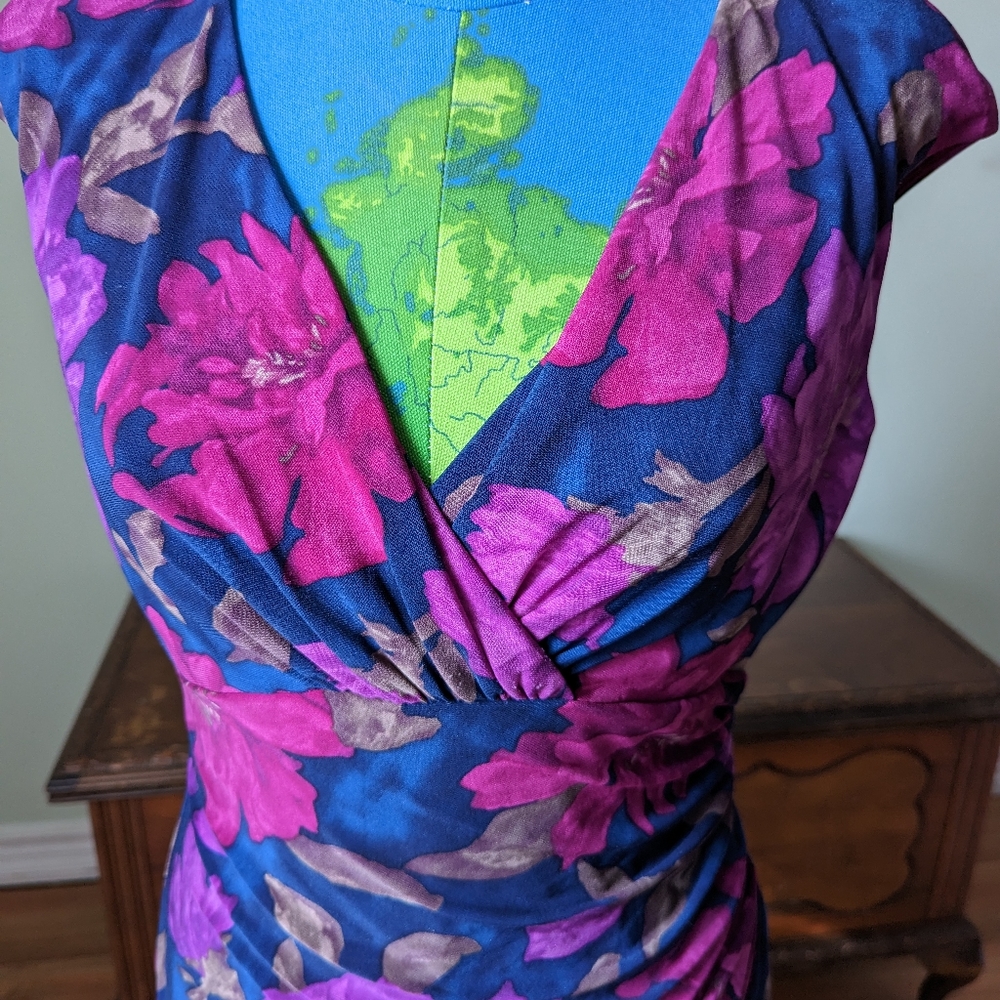 Ralph Lauren faux wrap dress blue with fuscia pink and cherry flowers.